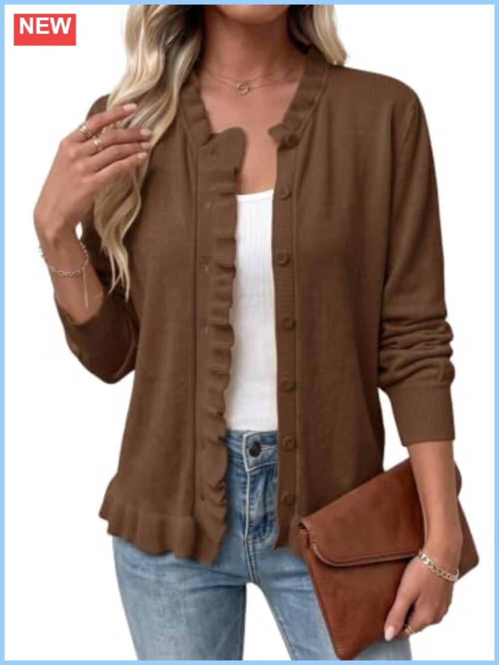 Ruffle Trim Button Front Cardigan Sweater Elegant Knit Layer